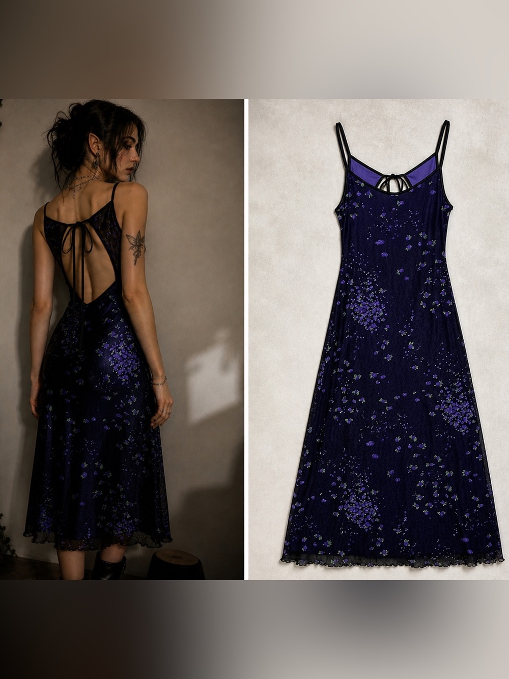 Vntg Currants Purple Floral Satin Lined Slip Dress S Backless Y2K Edgy Fairycore - Picture 1 of 10